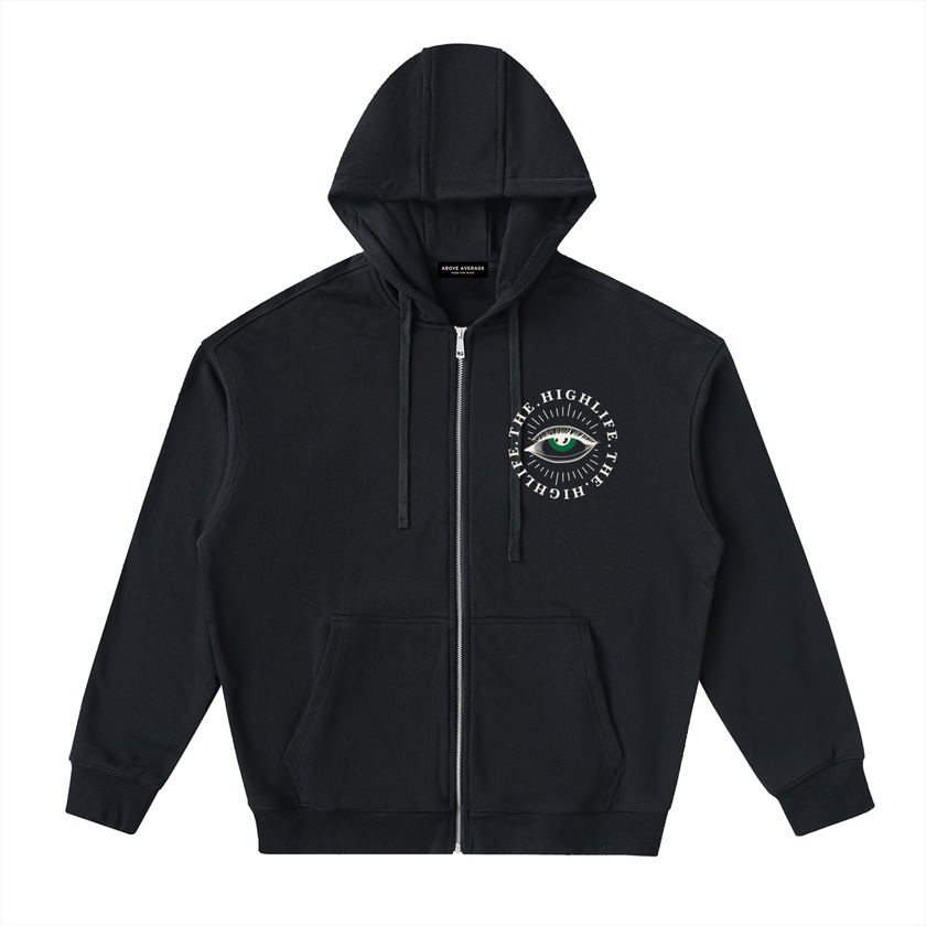 the high life zip up hoodie chest logo