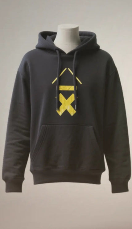 DRMMR Ascent hoodie by Above Average Clothing, organic cotton sustainable hoodie for drummers, music-inspired streetwear featuring the iconic gold caret Ascent symbol and mindset-led design.