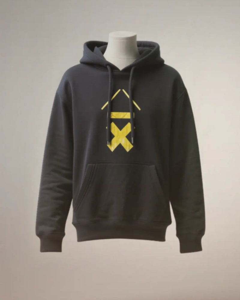 DRMMR Ascent hoodie by Above Average Clothing, organic cotton sustainable hoodie for drummers, music-inspired streetwear featuring the iconic gold caret Ascent symbol and mindset-led design.