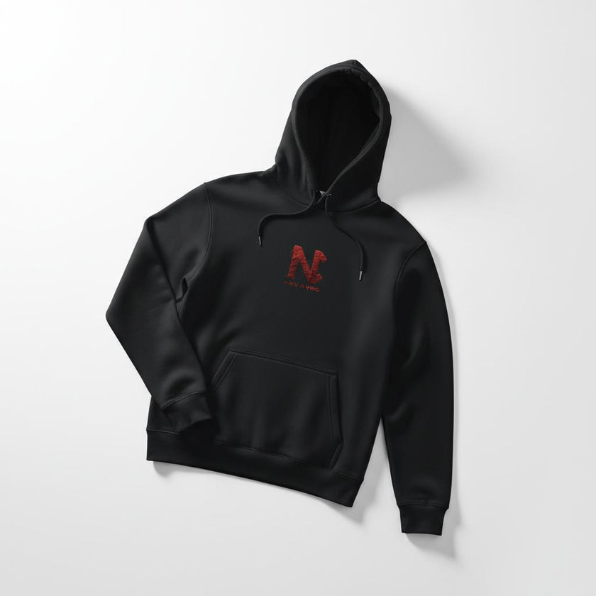 A flat lay image of the Nic Collins x Above Average brand mark printed on an organic cotton hoodie