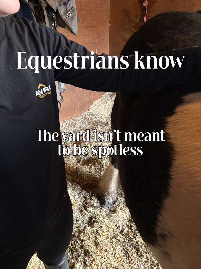 Person wearing a black shirt with a gold Above Average Equestrian logo, standing next to a horse in a stable.