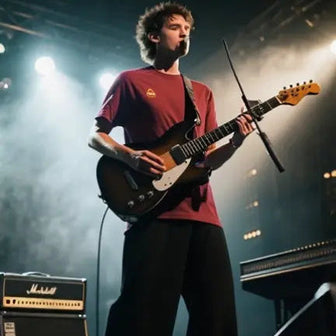 Person playing guitar on stage with a Marshall amplifier in the background