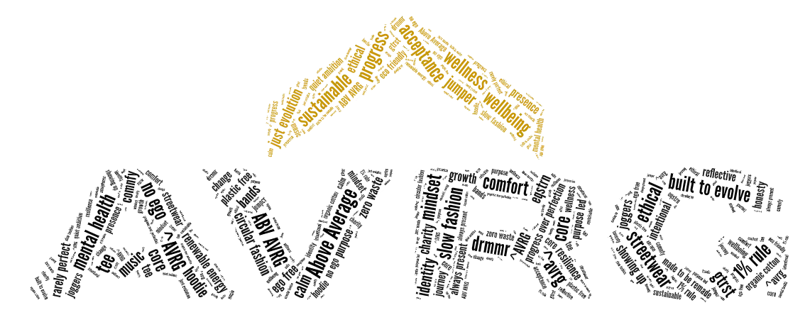 Abstract above-average caret graphic formed from mindset and sustainability words, representing presence, progress, slow fashion, and ethical clothing values at the heart of Above Average Clothing.