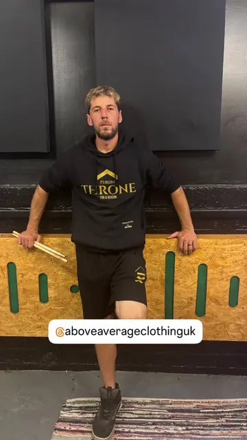 echobrige drummer lloyd crabb wearing his Above Average DRMMR hoodie and shorts