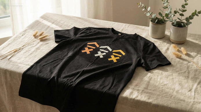 Black Above Average CORE tee laid flat on a neutral surface, featuring a minimalist gold and white brand symbol, representing calm, mindset-led everyday clothing.