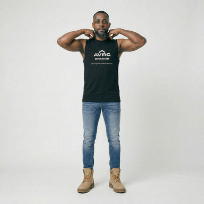 DRMMR Sleeveless Tee 'keeping time' Slogan | Above Average Clothing | organic cotton apparel