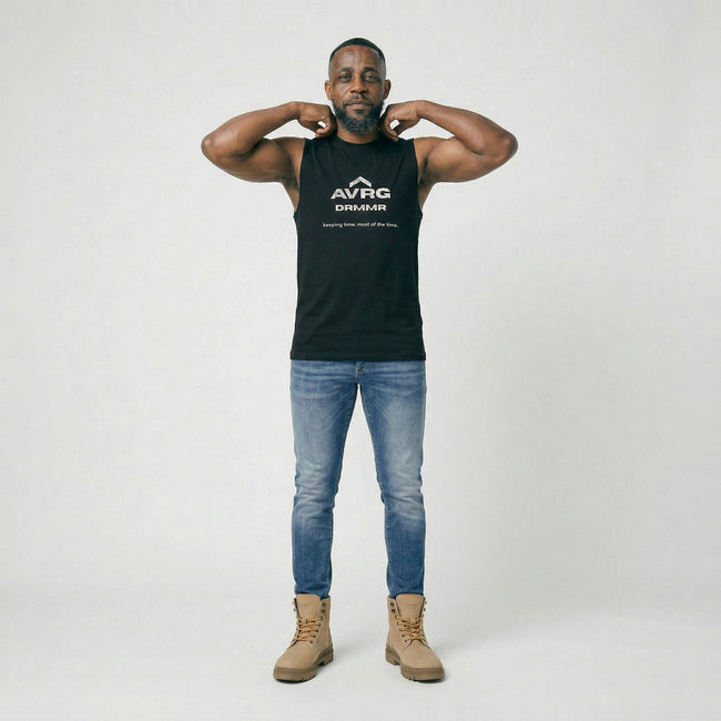 DRMMR Sleeveless Tee 'keeping time' Slogan | Above Average Clothing | organic cotton apparel