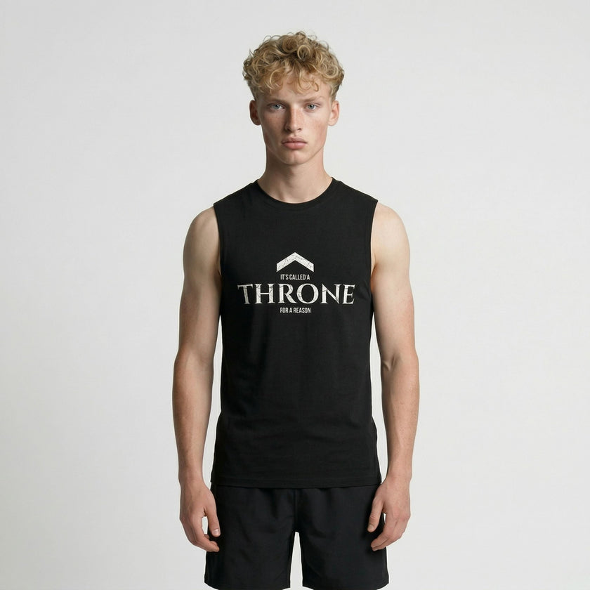DRMMR Sleeveless Tee 'THRONE' Slogan | Above Average Clothing | organic cotton apparel