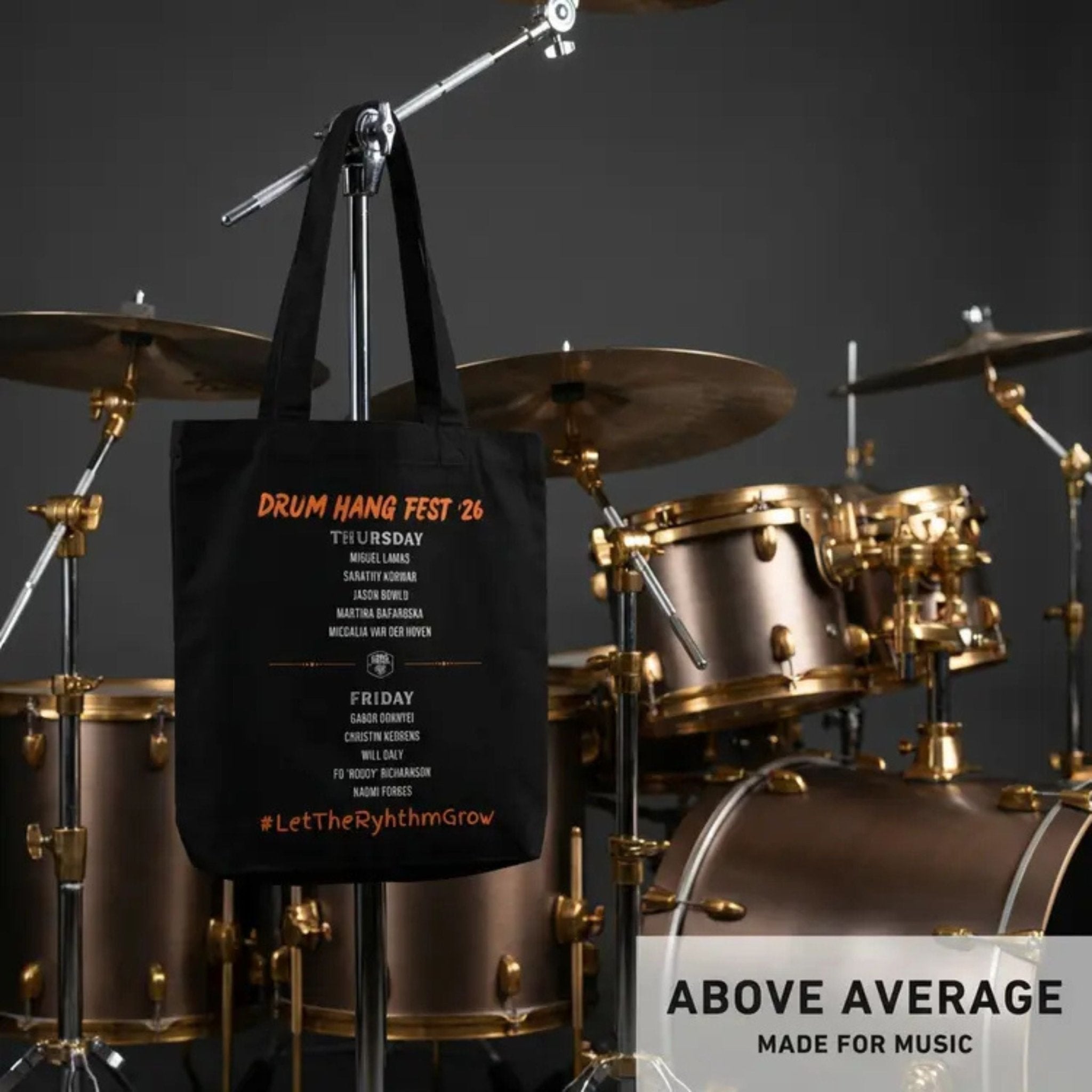 Drum Hang Fest Line Up Tote Bag | Above Average Clothing | organic cotton apparel