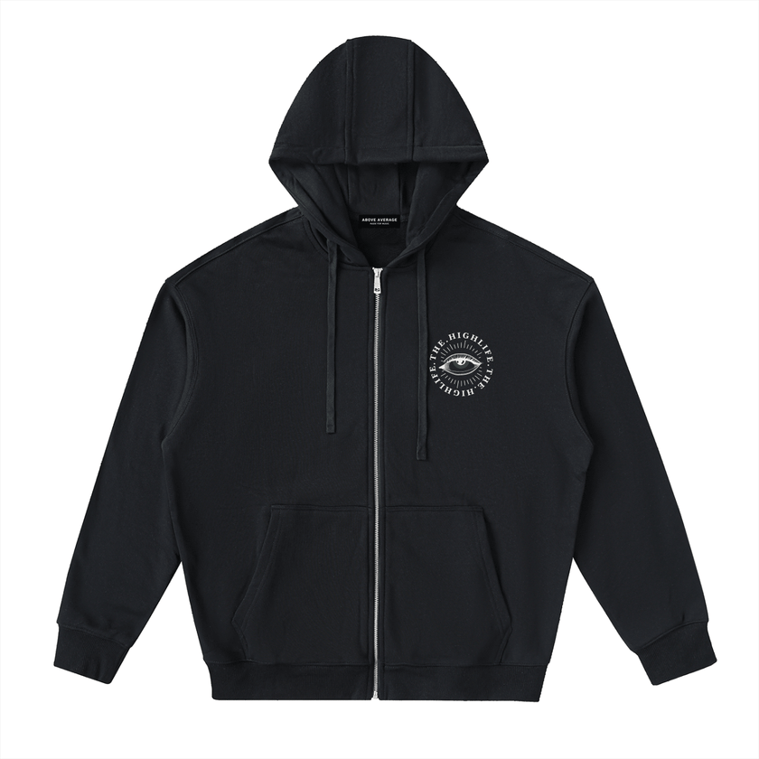 high life zip up 10cm logo | Above Average Clothing | organic cotton apparel