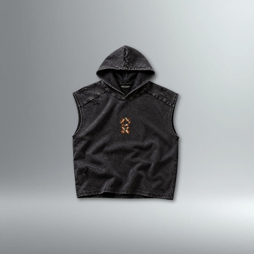 MOMENTS 012: ‘Rotation’ Distressed Sleeveless Hoodie | Above Average Clothing | organic cotton apparel