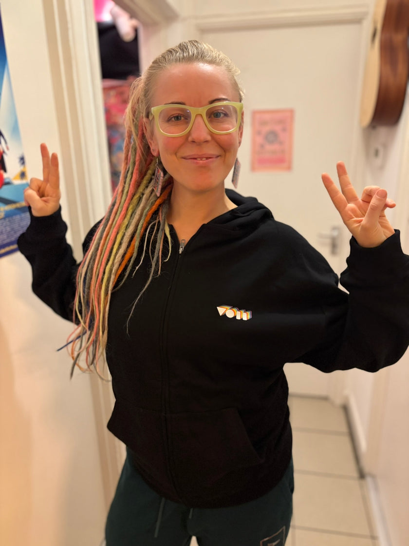 vicky o'neon wearing her Above Average  VON zip up hoodie